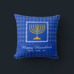 HAPPY HANUKKAH Peace Love Joy Customizable Blue Throw Pillow<br><div class="desc">Stylish festive pillow with faux silver Star of David in subtle pattern on light blue background. Blue matches the colour of the Israeli flag. Placeholder text is customizable so you can change HAPPY HANUKKAH to a greeting of your own choice (text of similar length) or in your own language, or...</div>