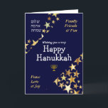 HAPPY HANUKKAH Peace Love Joy Stars HEBREW Holiday Card<br><div class="desc">Stylish blue and gold HANUKKAH GREETING CARD to wish your family and friends a Happy Hanukkah, which says WISHING YOU A VERY HAPPY HANUKKAH in white typography with FAMILY, FRIENDS & FUN and PEACE, LOVE & JOY in gold coloured typography in the corners. PEACE, LOVE, JOY is also written in...</div>