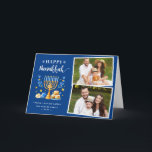 Happy Hanukkah Peace Love Latkes Blue 2 Photo Holiday Card<br><div class="desc">Send your Wishes with this Photo Holiday Card that feature a Hanukkah Script and Watercolor Jewish Holiday Symbols to highlight your greeting message.</div>