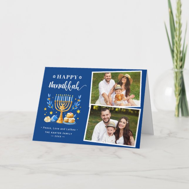 Happy Hanukkah Peace Love Latkes Blue 2 Photo Holiday Card (Front)