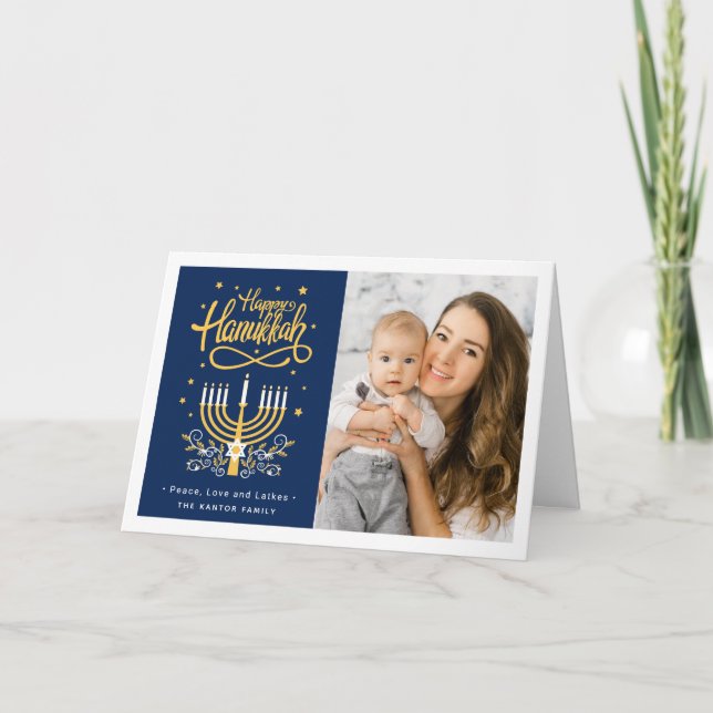 Happy Hanukkah Peace Love Latkes Lights Photo Holiday Card (Front)