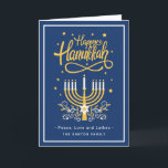 Happy Hanukkah Peace Love Latkes Modern Blue Holiday Card<br><div class="desc">Send your Wishes with this Holiday Card that feature a Stunning Happy Hanukkah Script and Symbol to highlight your greeting message.</div>