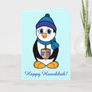 Happy Hanukkah Penguin and Dreidel Holiday Card