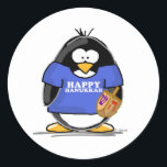 Happy Hanukkah Penguin Classic Round Sticker<br><div class="desc">A festively fun Hanukkah penguin just for the holiday season. Show off your holiday spirit with this cute Jewish penguin holding a dreidel and wearing a t-shirt that says Happy Hanukkah.</div>