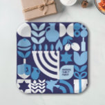Happy Hanukkah Personalized Modern Menorah & Stars Paper Plate<br><div class="desc">Dress up your family or office Hanukkah / Chanukah party with personalized Hanukkah / Chanukah modern Geometric Pattern Plates. Menorah, Dreidel, Donuts, Stars & Olive oil... Jewish Hanukkah Symbols Space to add your personalized text. Happy Hanukkah wishes. This upscale, modern, look, is a great way to wish friends, family, and...</div>