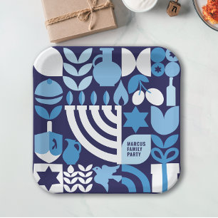 Happy Hanukkah Personalized Modern Menorah & Stars Paper Plate