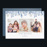 Happy Hanukkah photo collage floral holiday card<br><div class="desc">Modern,  elegant,  Hanukkah photo holiday card featuring blue floral border watercolor illustration. Customize with your personal greeting and family name. 3 photo card perfect to share your family with friends,  and loved ones.</div>
