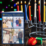 Happy Hanukkah Photo Collage Modern Blue Folded Holiday Card<br><div class="desc">Modern customizable Jewish family photo collage Hanukkah folded card with a collection of winter photos. Add 3 of your favourite Chanukah memories on this modern three photograph layout below a menorah and gold cursive script. Customize with another picture and your message inside.</div>