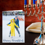 Happy Hanukkah Photo Modern Blue Script Folded Holiday Card<br><div class="desc">Modern customizable Jewish full photo vertical Hanukkah card with a winter photograph of your child or family with blue script overlay. Add another favourite Chanukah picture inside and customize your own Happy Hanukkah message of love and light inside.</div>