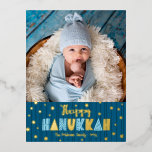 Happy Hanukkah Photo Modern Cute Blue Real Gold Foil Holiday Postcard<br><div class="desc">“Happy Hanukkah.” Fun, playful, whimsical handcrafted real gold foil and light blue typography, a random gold foil Star of David pattern, and midnight navy blue hand drawn lines overlay a dark teal blue background. Add the photo of your choice and help usher in Hanukkah with this stunning, colourful, personalized real...</div>