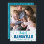 Happy Hanukkah Photo Modern Teal Fun Typography Holiday Card<br><div class="desc">“Happy Hanukkah.” Fun, playful, whimsical handcrafted typography along with a random Star of David pattern in light blue, all overlaying light aqua blue hand drawn lines on a white background along with a photo of your choice, help you usher in Hanukkah. Hand drawn turquoise lines overlay a teal blue background...</div>
