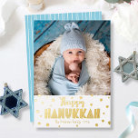 Happy Hanukkah Photo Modern Whimsical Real Gold Foil Holiday Card<br><div class="desc">“Happy Hanukkah.” Fun, playful, whimsical handcrafted real gold foil typography and a random Star of David pattern overlay a clean, white background. Add the photo of your choice and help usher in Hanukkah with this stunning, colourful, personalized real gold foil greeting card. Hand drawn white lines overlay a light turquoise...</div>