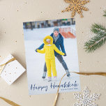 Happy Hanukkah Photo Trendy Vertical Blue Script Holiday Card<br><div class="desc">Modern customizable Jewish full photo vertical Hanukkah card with a winter photograph of your child or family with blue script overlay. Add your favourite Chanukah picture and customize your own Happy Hanukkah message of love and light.</div>