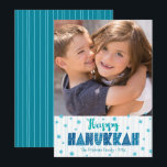 Happy Hanukkah Photo Turquoise Typography Bold  Holiday Card<br><div class="desc">“Happy Hanukkah.” Fun, playful, whimsical handcrafted typography along with a random Star of David pattern in light blue, all overlaying light aqua blue hand drawn lines on a white background along with a photo of your choice, help you usher in Hanukkah. Hand drawn turquoise lines overlay a teal blue background...</div>