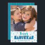Happy Hanukkah Photo Turquoise Typography Bold  Holiday Card<br><div class="desc">“Happy Hanukkah.” Fun, playful, whimsical handcrafted typography along with a random Star of David pattern in light blue, all overlaying light aqua blue hand drawn lines on a white background along with a photo of your choice, help you usher in Hanukkah. Hand drawn turquoise lines overlay a teal blue background...</div>