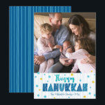 Happy Hanukkah Photo Typography Gold Stars Modern Holiday Card<br><div class="desc">“Happy Hanukkah.” Fun, playful, whimsical handcrafted typography along with a random Star of David pattern in light blue and faux gold foil, all overlaying light aqua blue hand drawn lines on a white background, along with a photo of your choice, help you usher in Hanukkah. Hand drawn turquoise lines overlay...</div>