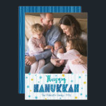 Happy Hanukkah Photo Typography Gold Stars Modern Holiday Card<br><div class="desc">“Happy Hanukkah.” Fun, playful, whimsical handcrafted typography along with a random Star of David pattern in light blue and faux gold foil, all overlaying light aqua blue hand drawn lines on a white background, along with a photo of your choice, help you usher in Hanukkah. Hand drawn turquoise lines overlay...</div>