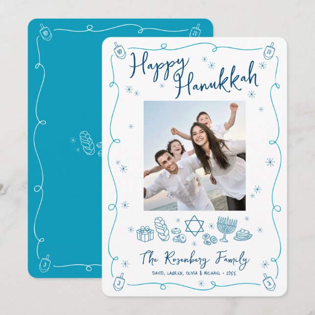 Happy Hanukkah Photo Whimsical Hand Drawn Doodles Holiday Card (Front/Back)