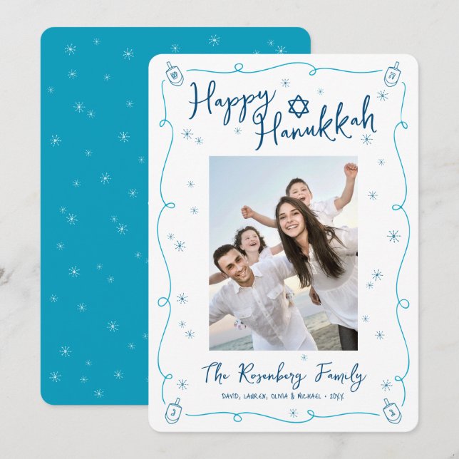 Happy Hanukkah Photo Whimsical Hand Drawn Playful Holiday Card (Front/Back)