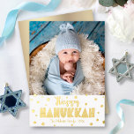 Happy Hanukkah Photo Whimsical Stars Real Gold Foil Holiday Card<br><div class="desc">“Happy Hanukkah.” Fun, playful, whimsical handcrafted real gold foil typography and a random Star of David pattern overlay a clean, white background. Add the photo of your choice and help usher in Hanukkah with this stunning, colourful, personalized real gold foil greeting card. Faux gold metallic ombre is on the back....</div>