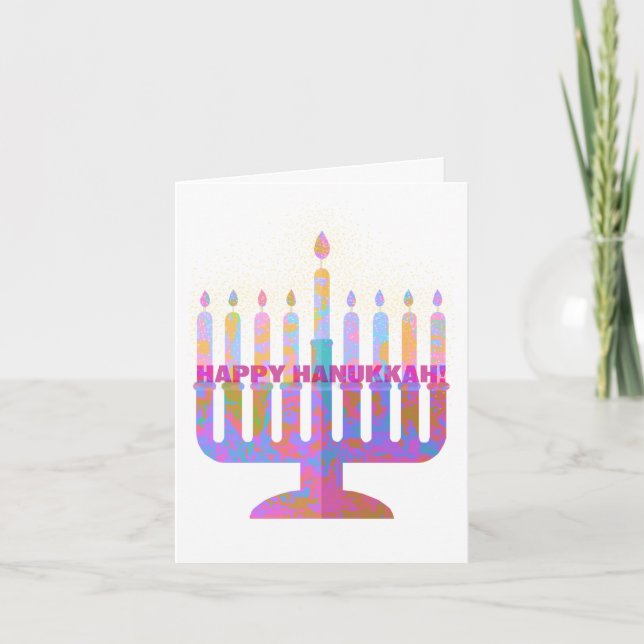 Happy Hanukkah Pink Menorah Photo Card (Front)