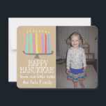 Happy Hanukkah Playful Menorah Photo Card<br><div class="desc">8 Nights of Light,  this bright and colourful menorah lights the way with your family custom photo and a trending kraft paper background</div>