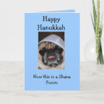 Happy Hanukkah Pug card<br><div class="desc">Hanukkah holiday card with pug on it with yarmulke on top of head</div>