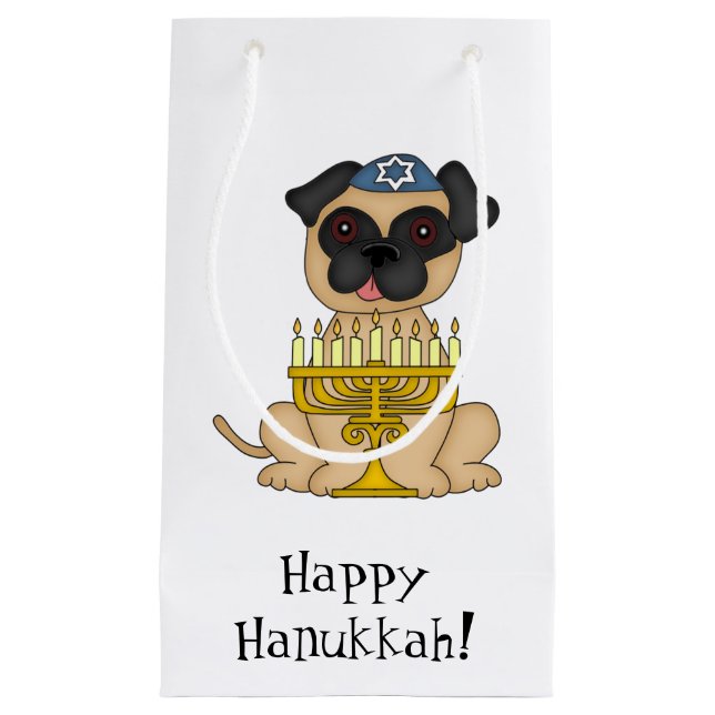 Happy Hanukkah-Pug Dog with Menorah/Customize Text Small Gift Bag (Front)