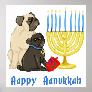 Happy Hanukkah Pugs and Menorah Poster - Customize