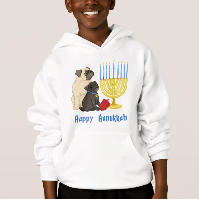 Happy Hanukkah Pugs with Menorah Tees and Sweats (Front)