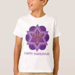 Happy Hanukkah purple1 T-Shirt<br><div class="desc">Happy Hanukkah in shades of purple with yellow menorah and David's star in a background. Colourful candles. Great as a gift.
Wishing you happy Hanukkah!</div>
