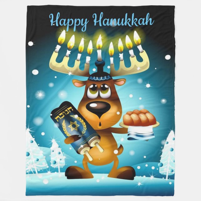 Happy Hanukkah Reindeer Fleece Blanket (Front)