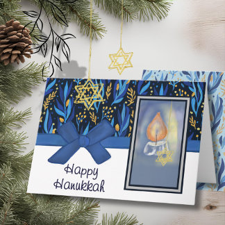 Happy Hanukkah Rich Blue & Gold Foliage & Candle Holiday Card