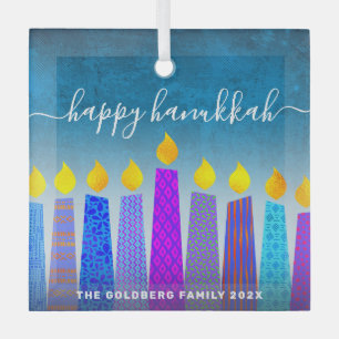 Happy Hanukkah Script Menorah Candles Turquoise Glass Ornament