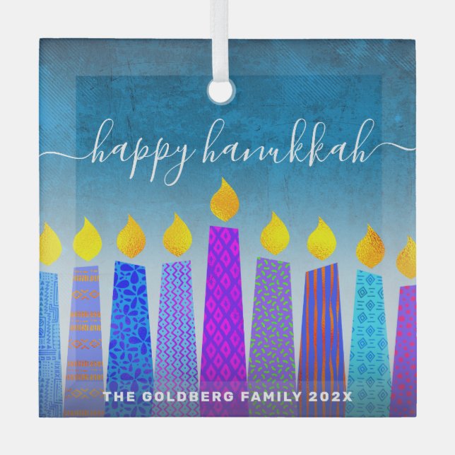 Happy Hanukkah Script Menorah Candles Turquoise Glass Ornament (Front)