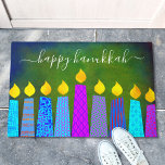 Happy Hanukkah Script Modern Boho Candles on Green Doormat<br><div class="desc">“Happy Hanukkah.” Decorate your entryway in “style” with this unique, fun custom holiday welcome mat! A playful, modern, artsy illustration of boho pattern candles in a menorah helps you usher in the holiday of Hanukkah. Assorted blue candles with colourful faux foil patterns and gold faux foil flames overlay a rich,...</div>