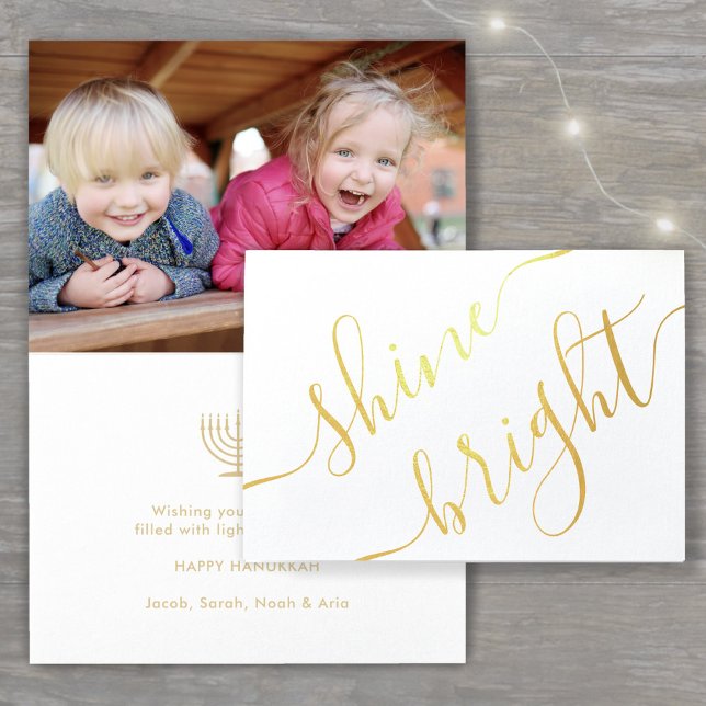 Happy Hanukkah Shine Bright Script Simple 1 Photo Foil Card (Creator Uploaded)