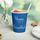 Happy Hanukkah silver tekhelet blue Paper Cups<br><div class="desc">Happy Hanukkah or Chanukah,  whichever way you prefer to spell it. Enjoy your Festival of Lights. Jewish heritage has traditionally been blue,  white and silver colours for Hanukkah. This is an elegant,  yet simple typography design for your festivities. Happy Chanukah!</div>