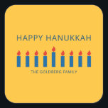 Happy Hanukkah | Simple and Modern Candle Greeting Square Sticker<br><div class="desc">This is a simple,  minimalist and modern design of the Menorah or temple candlesticks.</div>