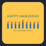 Happy Hanukkah | Simple and Modern Candle Greeting Square Sticker<br><div class="desc">This is a simple,  minimalist and modern design of the Menorah or temple candlesticks.</div>