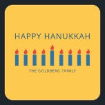 Happy Hanukkah | Simple and Modern Candle Greeting Square Sticker<br><div class="desc">This is a simple,  minimalist and modern design of the Menorah or temple candlesticks.</div>