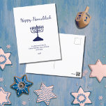 Happy Hanukkah Simple Blue Menorah  Holiday Postcard<br><div class="desc">Happy Hanukkah Holiday postcard,  with a simple blue menorah and script typography design. With blue customizable lettering,  you can add your own information. A festive way to send well wishes to friends and loved ones.</div>