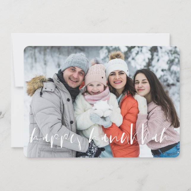 Happy Hanukkah Simple Cursive Custom Family Photo Holiday Card (Front)