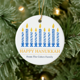 Happy Hanukkah   Simple Elegant Candle Greeting  Ceramic Ornament
