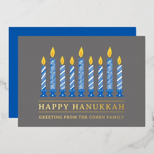 Happy Hanukkah | Simple Elegant Candle Greeting  Foil Holiday Card (Front/Back)