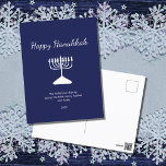 Happy Hanukkah Simple Menorah Blue  Holiday Postcard<br><div class="desc">Happy Hanukkah Blue Holiday postcard,  with a simple white menorah and script typography design. With white customizable lettering,  you can add your own information. A festive way to send well wishes to friends and loved ones.</div>