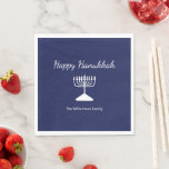 Happy Hanukkah Simple Menorah Blue Napkin<br><div class="desc">Happy Hanukkah Blue Holiday party napkin, with a simple white menorah and script typography design. With white customizable lettering, you can add your own information. A festive way to celebrate with friends and loved ones.</div>