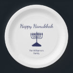 Happy Hanukkah Simple Menorah Blue White Paper Plate<br><div class="desc">Happy Hanukkah Holiday party paper plate,  with a simple blue menorah and script typography design. With blue customizable lettering,  you can add your own text. A festive way to celebrate with friends and loved ones.</div>