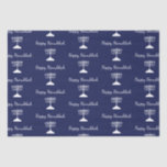 Happy Hanukkah Simple Menorah Pattern Blue  Tissue Paper<br><div class="desc">Happy Hanukkah Blue Holiday tissue paper,  with a simple white menorah pattern and script typography design. With white customizable lettering,  you can add your own information. A festive holiday item to send special gifts and favours this season.</div>