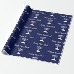 Happy Hanukkah Simple Menorah Pattern Blue  Wrapping Paper<br><div class="desc">Happy Hanukkah Blue Holiday wrapping paper,  with a simple white menorah pattern and script typography design. With white customizable lettering,  you can add your own information. A festive holiday item to send special gifts this season.</div>